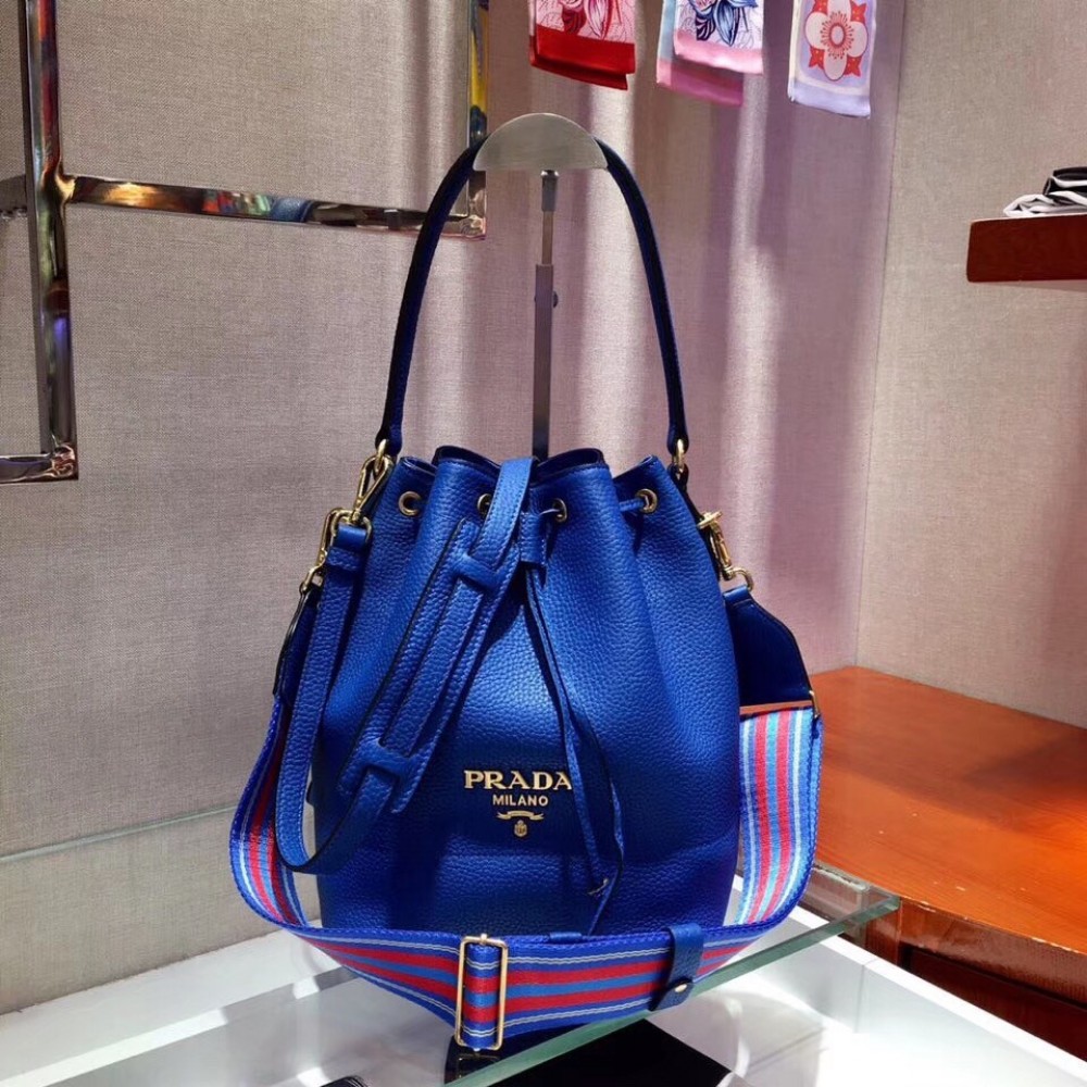 Prada Bucket Bag In Blue Grained Calfskin