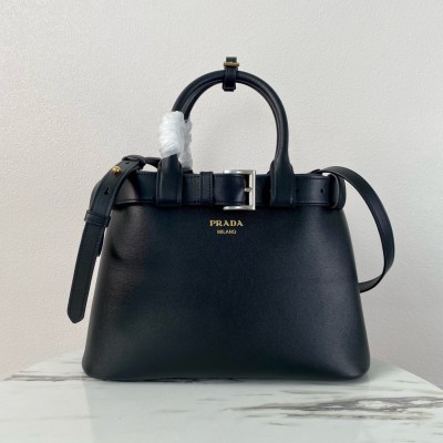 Prada Buckle Medium Bag With Belt In Black Leather