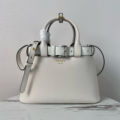 Prada Buckle Medium Bag With Belt In White Leather