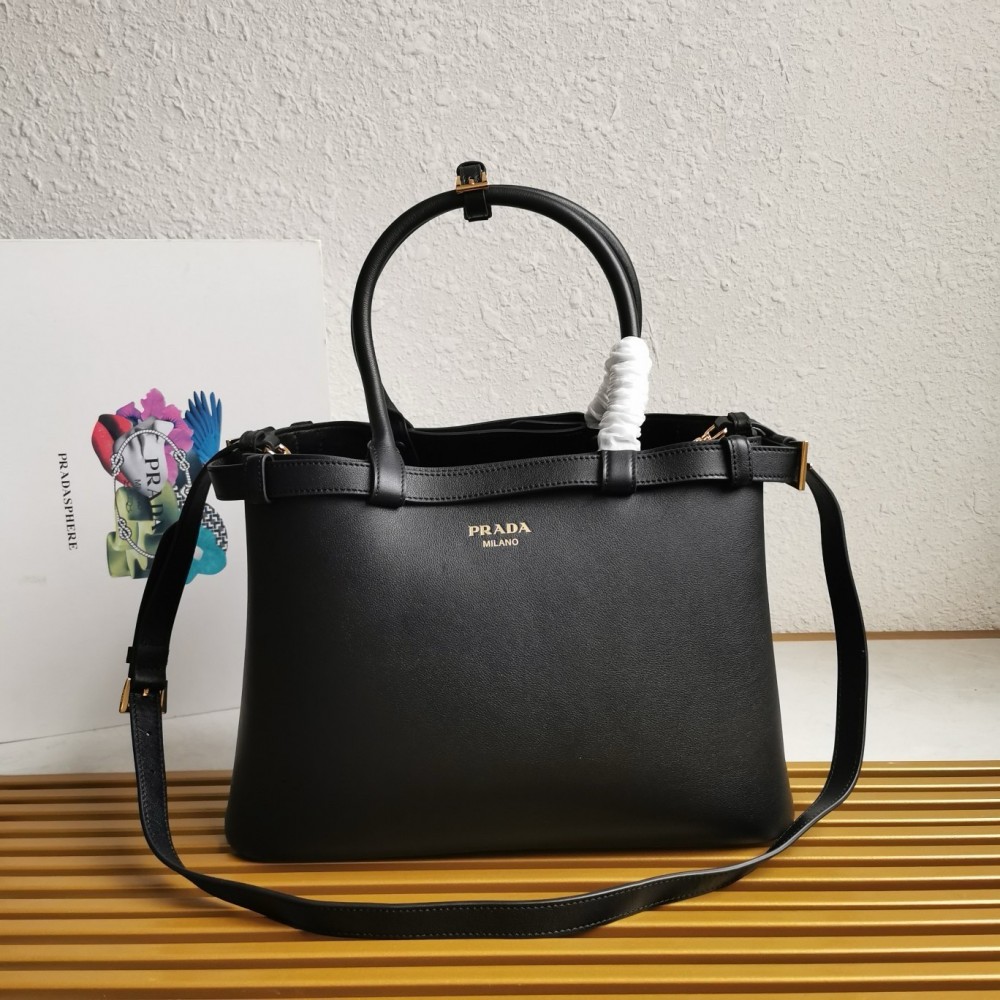 Prada Buckle Medium Bag With Double Belt In Black Leather