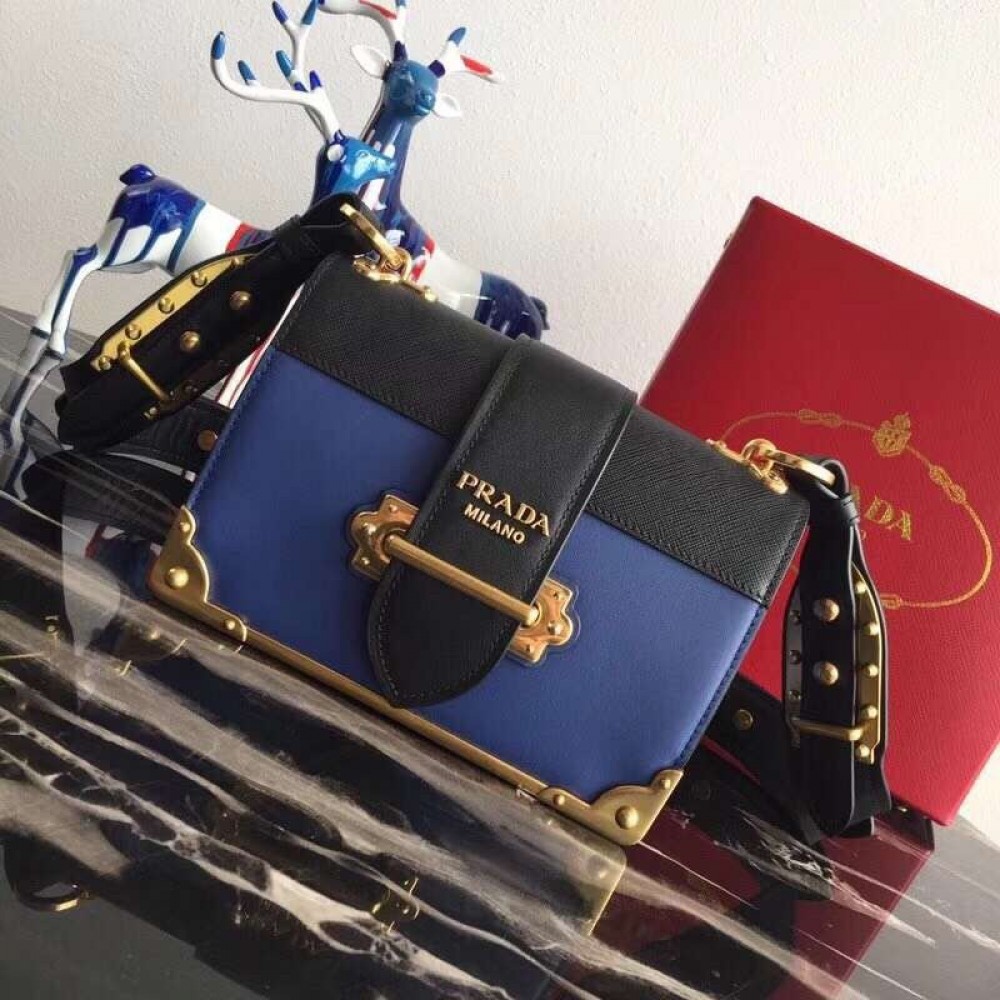 Prada Cahier Shoulder Bag In Blue/Black Leather