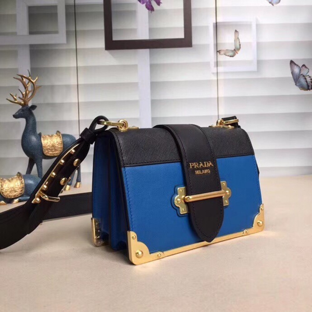 Prada Cahier Shoulder Bag In Blue Hydra /Black Leather