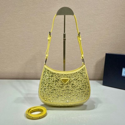 Prada Cleo Bag In Yellow Satin With Cystal Appliques