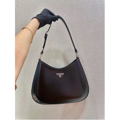 Prada Cleo Shoulder Large Bag In Black Brushed Leather