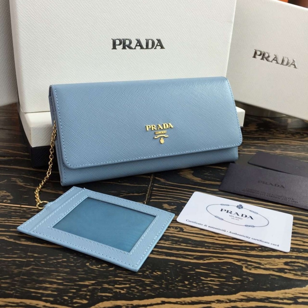 Prada Continental Wallet In Light Blue Saffiano Leather