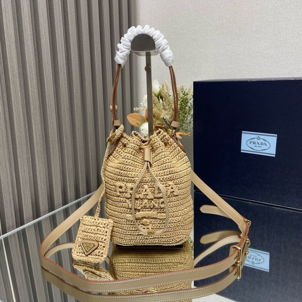 Prada Crochet Mini Bucket Bag In Natural Raffia-effect Yarn