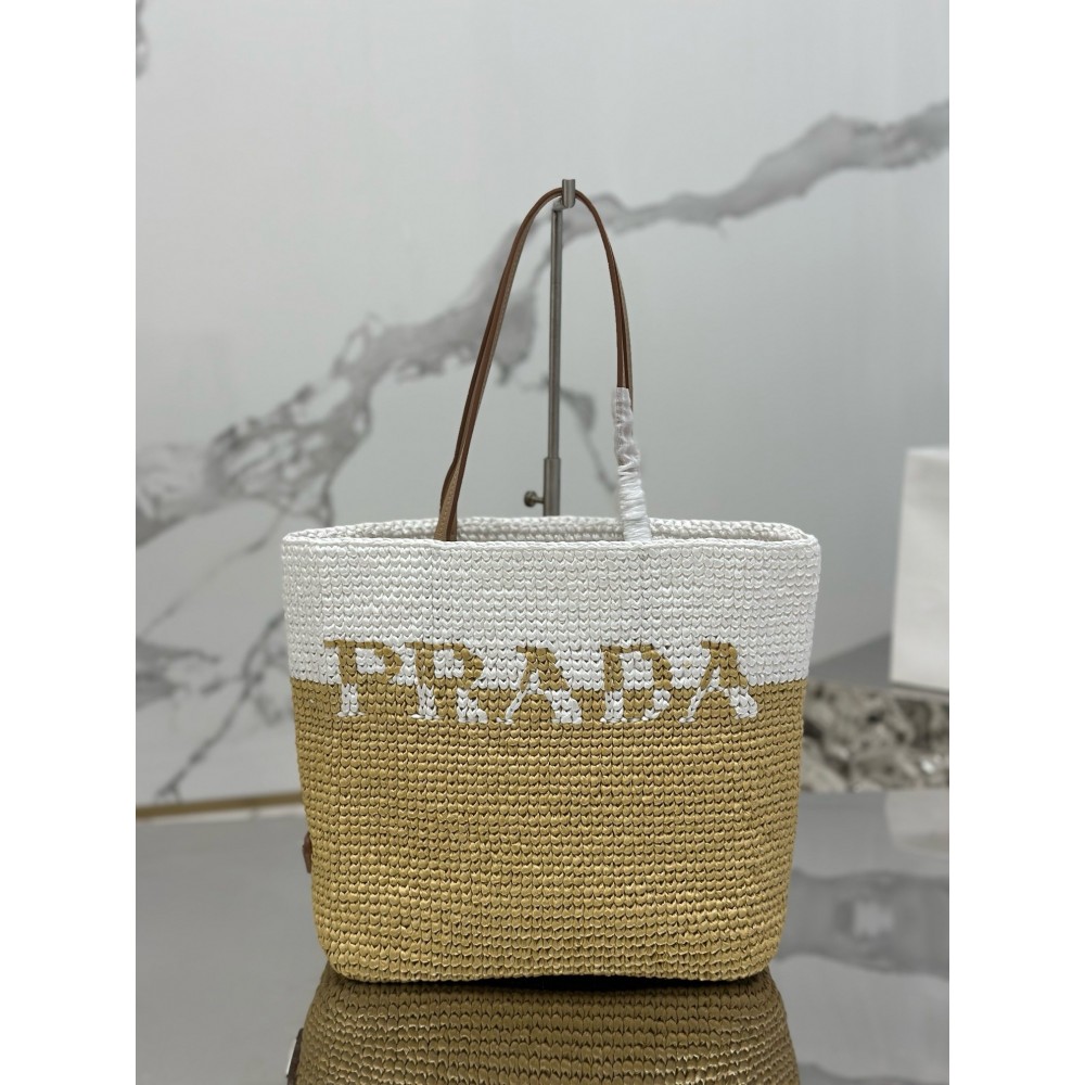 Prada Crochet Small Tote Bag In Beige/White Raffia-effect Yarn