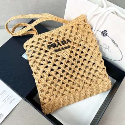 Prada Crochet Tote Bag In Beige Raffia-effect Yarn