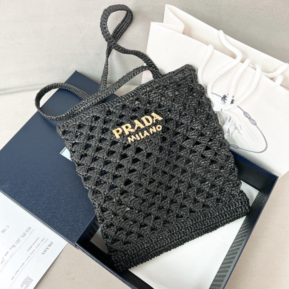 Prada Crochet Tote Bag In Black Raffia-effect Yarn