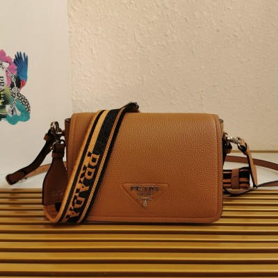 Prada Flap Shoulder Bag In Brown Grained Leather