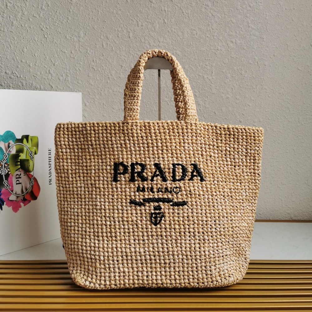 Prada Large Crochet Tote Bag In Beige Raffia-effect Yarn