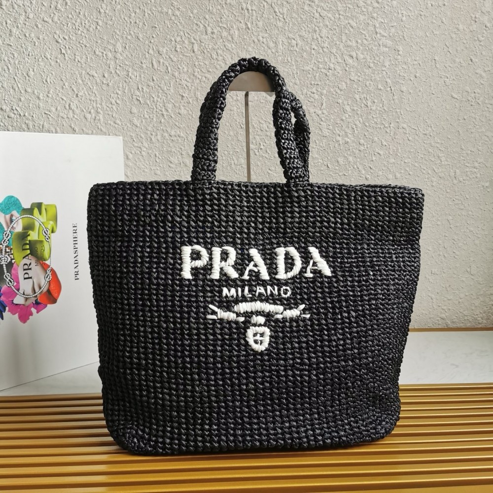 Prada Large Crochet Tote Bag In Black Raffia-effect Yarn