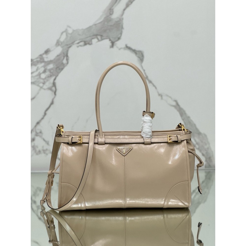 Prada Large Tote Bag In Beige Soft Leather