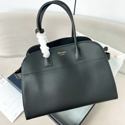 Prada Large Tote Bag In Black Leather With Buckles