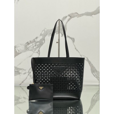 Prada Large Tote Bag In Black Perforated Leather