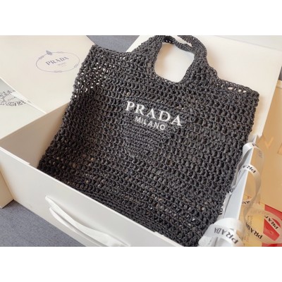 Prada Large Tote Bag In Black Raffia