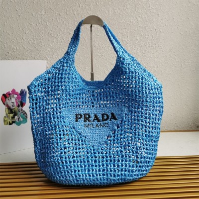 Prada Large Tote Bag In Blue Raffia