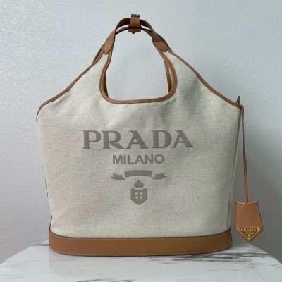 Prada Large Tote Bag In Linen Blend and Leather