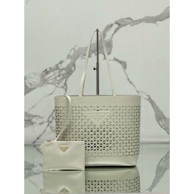 Prada Large Tote Bag In White Perforated Leather