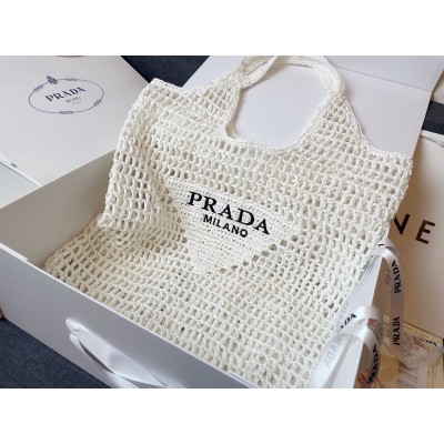 Prada Large Tote Bag In White Raffia