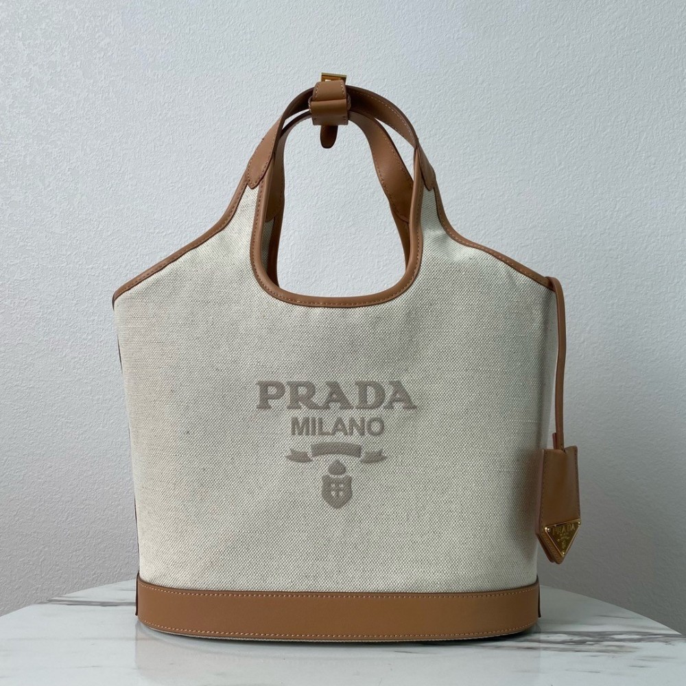 Prada Medium Tote Bag In Linen Blend and Leather