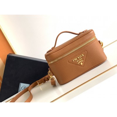 Prada Mini Vanity Bag In Brown Grained Leather