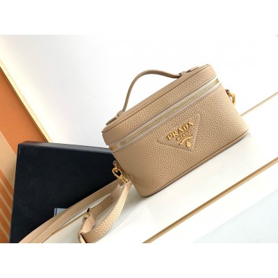 Prada Mini Vanity Bag In Sand Beige Grained Leather