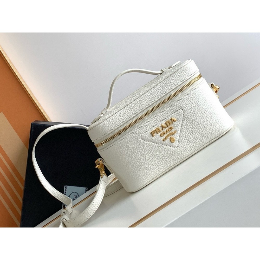 Prada Mini Vanity Bag In White Grained Leather