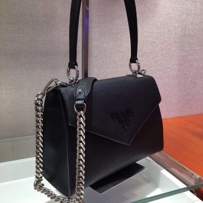 Prada Monochrome Top Handle Bag In Black Saffiano Leather