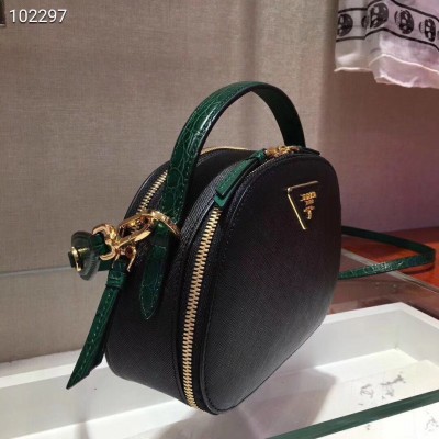 Prada Odette Black Saffiano And Green Crocodile Bag