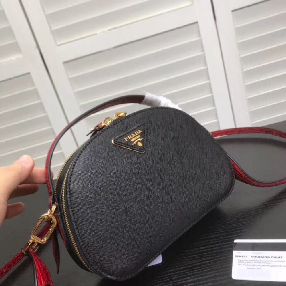 Prada Odette Black Saffiano And Red Crocodile Bag