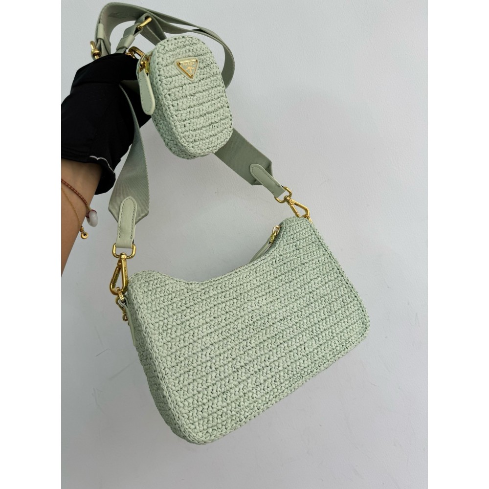 Prada Re-Edition 2005 Crochet Bag In Aqua Raffia