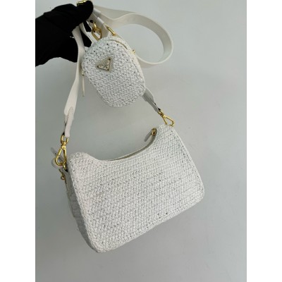 Prada Re-Edition 2005 Crochet Bag In White Raffia