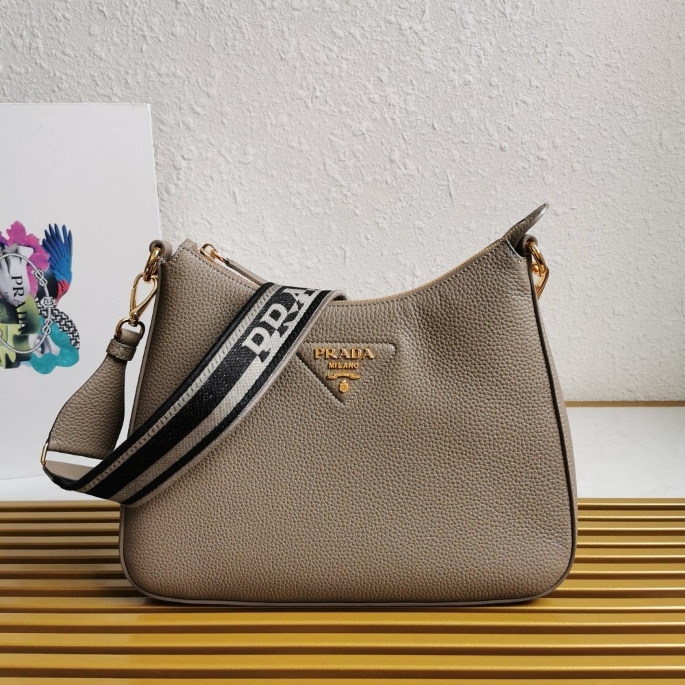 Prada Shoulder Bag In Grey Grained Leather