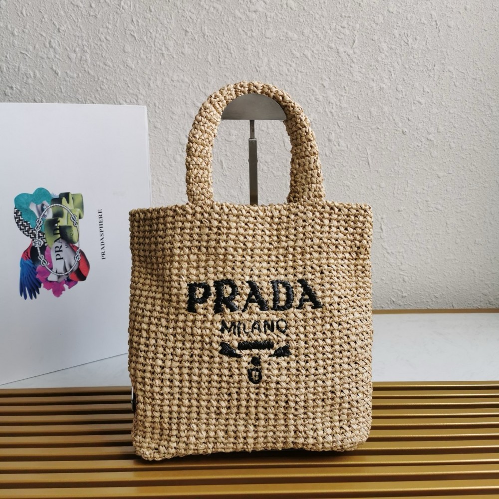 Prada Small Crochet Tote Bag In Beige Raffia-effect Yarn