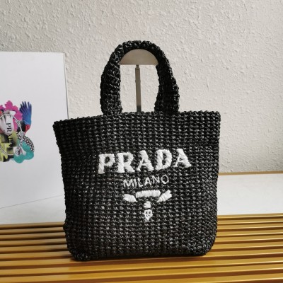 Prada Small Crochet Tote Bag In Black Raffia-effect Yarn