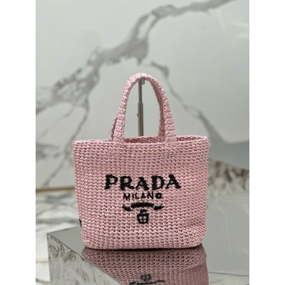 Prada Small Crochet Tote Bag In Pink Raffia-effect Yarn