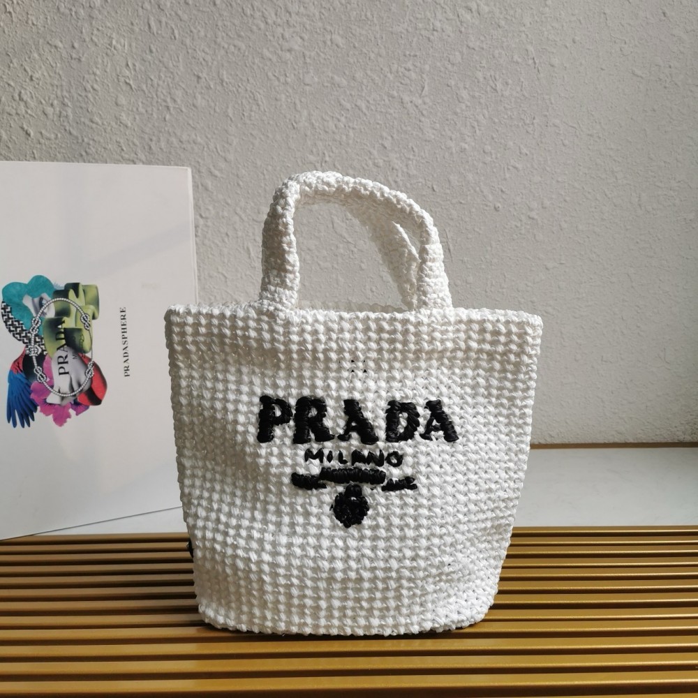 Prada Small Crochet Tote Bag In White Raffia-effect Yarn