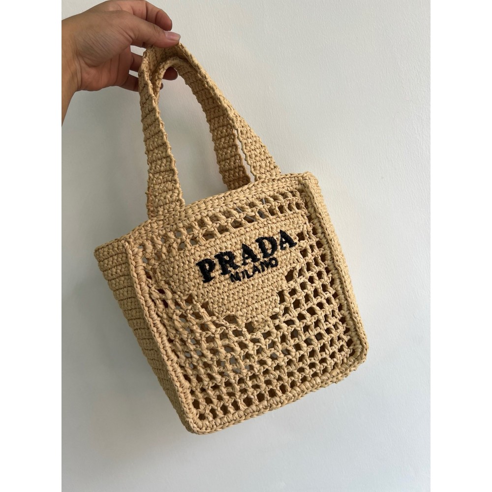 Prada Small Crochet Tote In Beige Raffia-effect Yarn