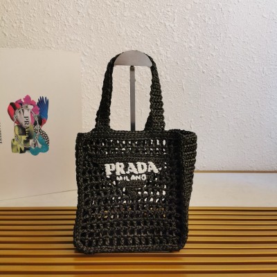 Prada Small Crochet Tote In Black Raffia-effect Yarn