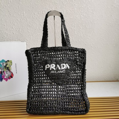 Prada Small Tote Bag In Black Raffia