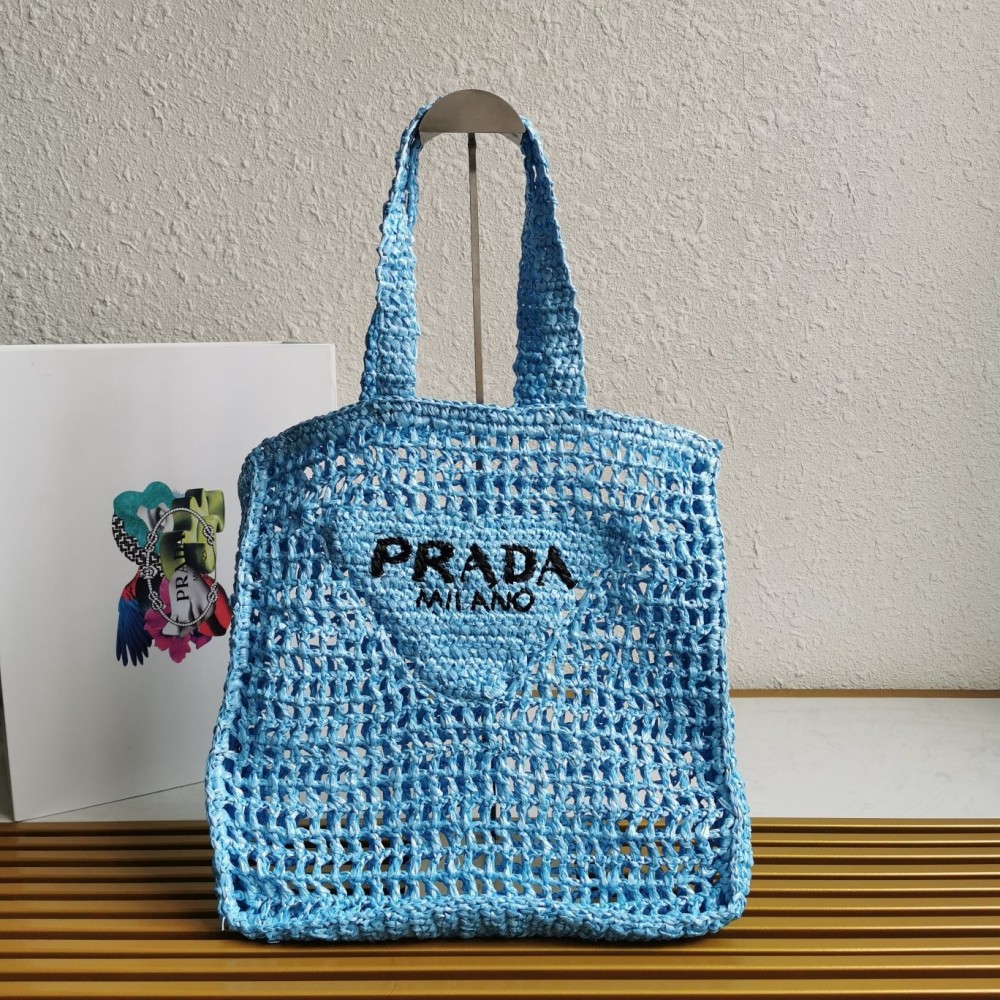 Prada Small Tote Bag In Blue Raffia