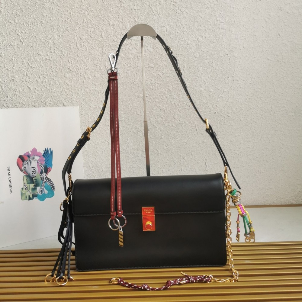 Prada Soft Sound Large Bag With Charms In Black Leather