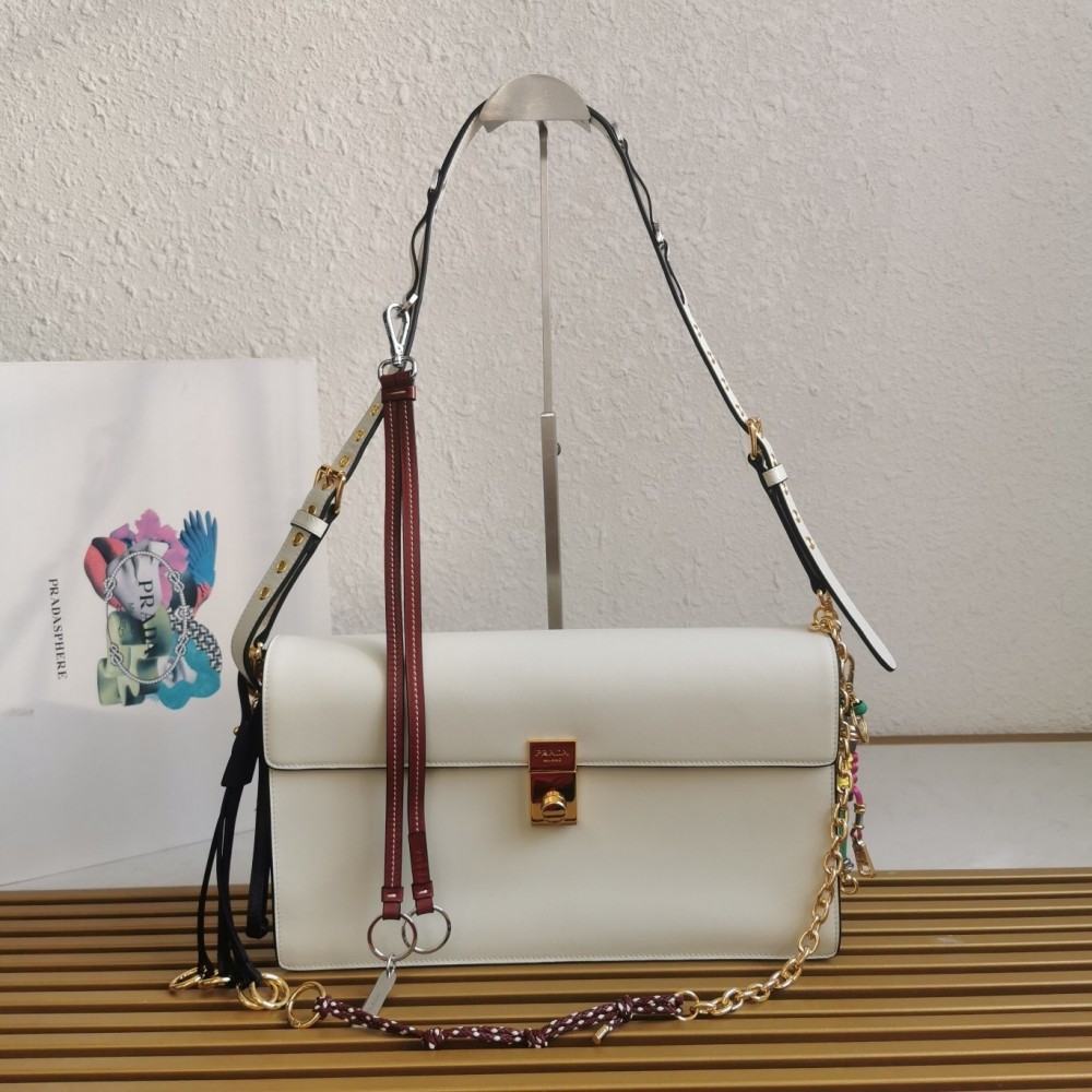 Prada Soft Sound Large Bag With Charms In White Leather