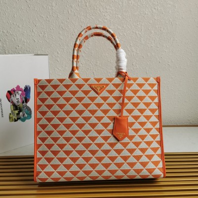 Prada Symbole Large Bag In Orange and White Jacquard Fabric