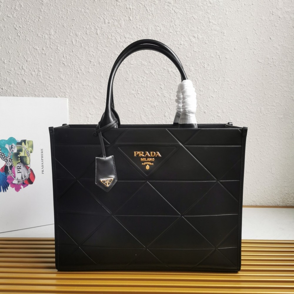 Prada Symbole Large Bag With Topstitching In Black Leather