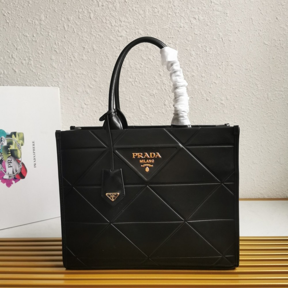 Prada Symbole Medium Bag With Topstitching In Black Leather