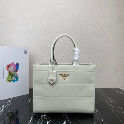 Prada Symbole Medium Bag With Topstitching In White Leather