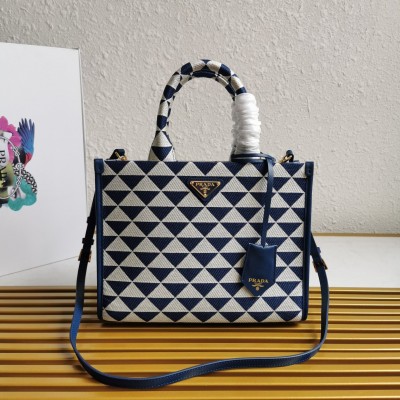 Prada Symbole Small Bag In White/Blue Jjacquard Fabric