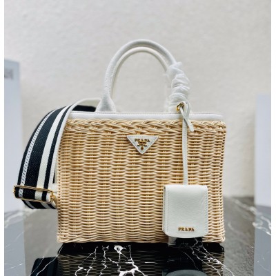 Prada Tote Bag In Wicker and White Canvas